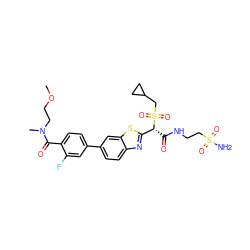 COCCN(C)C(=O)c1ccc(-c2ccc3nc([C@@H](C(=O)NCCS(N)(=O)=O)S(=O)(=O)CC4CC4)sc3c2)cc1F ZINC000144059424