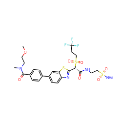 COCCN(C)C(=O)c1ccc(-c2ccc3nc([C@@H](C(=O)NCCS(N)(=O)=O)S(=O)(=O)CCC(F)(F)F)sc3c2)cc1 ZINC000222078283