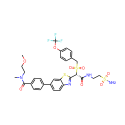 COCCN(C)C(=O)c1ccc(-c2ccc3nc([C@@H](C(=O)NCCS(N)(=O)=O)S(=O)(=O)Cc4ccc(OC(F)(F)F)cc4)sc3c2)cc1 ZINC000222078142