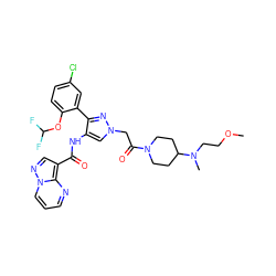 COCCN(C)C1CCN(C(=O)Cn2cc(NC(=O)c3cnn4cccnc34)c(-c3cc(Cl)ccc3OC(F)F)n2)CC1 ZINC001772654497