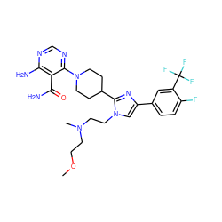 COCCN(C)CCn1cc(-c2ccc(F)c(C(F)(F)F)c2)nc1C1CCN(c2ncnc(N)c2C(N)=O)CC1 ZINC000219794408