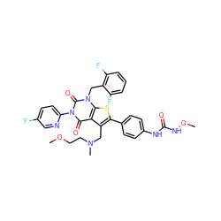 COCCN(C)Cc1c(-c2ccc(NC(=O)NOC)cc2)sc2c1c(=O)n(-c1ccc(F)cn1)c(=O)n2Cc1c(F)cccc1F ZINC000072107089