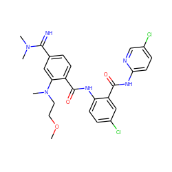 COCCN(C)c1cc(C(=N)N(C)C)ccc1C(=O)Nc1ccc(Cl)cc1C(=O)Nc1ccc(Cl)cn1 ZINC000042852444