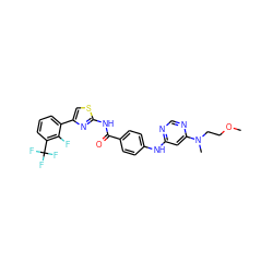 COCCN(C)c1cc(Nc2ccc(C(=O)Nc3nc(-c4cccc(C(F)(F)F)c4F)cs3)cc2)ncn1 ZINC000028952852