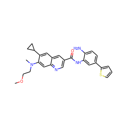 COCCN(C)c1cc2ncc(C(=O)Nc3cc(-c4cccs4)ccc3N)cc2cc1C1CC1 ZINC000144584680