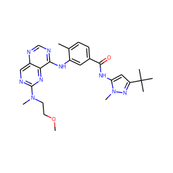 COCCN(C)c1ncc2ncnc(Nc3cc(C(=O)Nc4cc(C(C)(C)C)nn4C)ccc3C)c2n1 ZINC000148308879