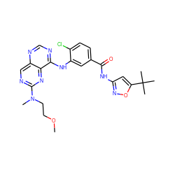 COCCN(C)c1ncc2ncnc(Nc3cc(C(=O)Nc4cc(C(C)(C)C)on4)ccc3Cl)c2n1 ZINC000148083602