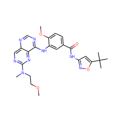 COCCN(C)c1ncc2ncnc(Nc3cc(C(=O)Nc4cc(C(C)(C)C)on4)ccc3OC)c2n1 ZINC000148088193