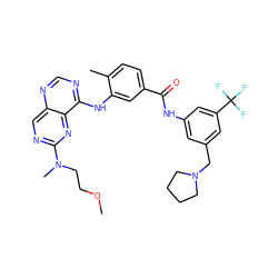 COCCN(C)c1ncc2ncnc(Nc3cc(C(=O)Nc4cc(CN5CCCC5)cc(C(F)(F)F)c4)ccc3C)c2n1 ZINC000148104613