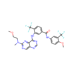 COCCN(C)c1ncc2ncnc(Nc3cc(C(=O)Nc4ccc(OC)c(C(F)(F)F)c4)ccc3C(F)(F)F)c2n1 ZINC000148075768