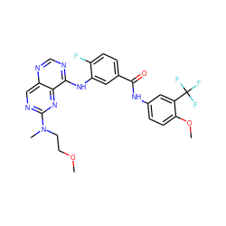 COCCN(C)c1ncc2ncnc(Nc3cc(C(=O)Nc4ccc(OC)c(C(F)(F)F)c4)ccc3F)c2n1 ZINC000148072633