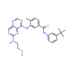 COCCN(C)c1ncc2ncnc(Nc3cc(C(=O)Nc4cccc(C(C)(C)C)c4)ccc3C)c2n1 ZINC000148310261