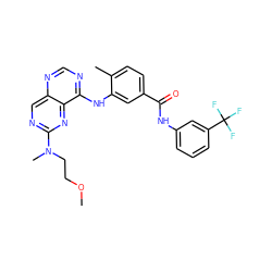 COCCN(C)c1ncc2ncnc(Nc3cc(C(=O)Nc4cccc(C(F)(F)F)c4)ccc3C)c2n1 ZINC000148310013