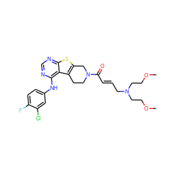 COCCN(C/C=C/C(=O)N1CCc2c(sc3ncnc(Nc4ccc(F)c(Cl)c4)c23)C1)CCOC ZINC000096172257