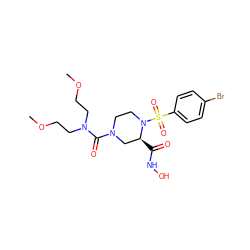 COCCN(CCOC)C(=O)N1CCN(S(=O)(=O)c2ccc(Br)cc2)[C@@H](C(=O)NO)C1 ZINC000013804737