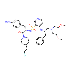 COCCN(CCOC)C[C@H](Cc1ccccc1)Nc1ccncc1S(=O)(=O)N[C@@H](Cc1ccc(N)cc1)C(=O)N1CCC(CCF)CC1 ZINC000027106820