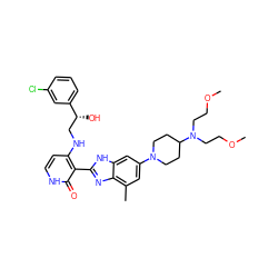 COCCN(CCOC)C1CCN(c2cc(C)c3nc(-c4c(NC[C@@H](O)c5cccc(Cl)c5)cc[nH]c4=O)[nH]c3c2)CC1 ZINC000044359270