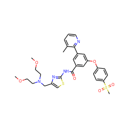 COCCN(CCOC)Cc1csc(NC(=O)c2cc(Oc3ccc(S(C)(=O)=O)cc3)cc(-c3ncccc3C)c2)n1 ZINC000169306748