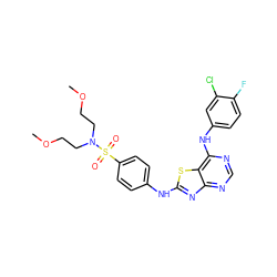 COCCN(CCOC)S(=O)(=O)c1ccc(Nc2nc3ncnc(Nc4ccc(F)c(Cl)c4)c3s2)cc1 ZINC000044406118