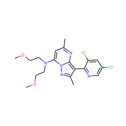 COCCN(CCOC)c1cc(C)nc2c(-c3ncc(Cl)cc3Cl)c(C)nn12 ZINC000028360866