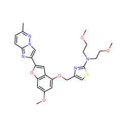 COCCN(CCOC)c1nc(COc2cc(OC)cc3oc(-c4cn5nc(C)ccc5n4)cc23)cs1 ZINC000653682162