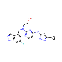 COCCN(Cc1cc(F)cc2[nH]ncc12)c1nccc(Nc2cc(C3CC3)[nH]n2)n1 ZINC000096270417