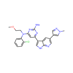 COCCN(c1cc(-c2c[nH]c3ncc(-c4cnn(C)c4)cc23)nc(N)n1)c1ccccc1Cl ZINC000169700770