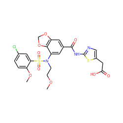 COCCN(c1cc(C(=O)Nc2ncc(CC(=O)O)s2)cc2c1OCO2)S(=O)(=O)c1cc(Cl)ccc1OC ZINC000299859766