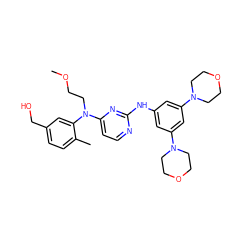 COCCN(c1ccnc(Nc2cc(N3CCOCC3)cc(N3CCOCC3)c2)n1)c1cc(CO)ccc1C ZINC000071330736