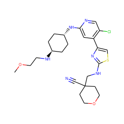 COCCN[C@H]1CC[C@H](Nc2cc(-c3csc(NCC4(C#N)CCOCC4)n3)c(Cl)cn2)CC1 ZINC001569989193