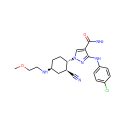 COCCN[C@H]1CC[C@H](n2cc(C(N)=O)c(Nc3ccc(Cl)cc3)n2)[C@@H](C#N)C1 ZINC000222980543