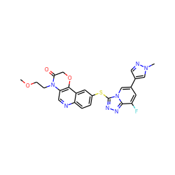 COCCN1C(=O)COc2c1cnc1ccc(Sc3nnc4c(F)cc(-c5cnn(C)c5)cn34)cc21 ZINC000220173519