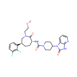 COCCN1C[C@H](c2cccc(F)c2F)CC[C@@H](NC(=O)N2CCC(n3c(=O)[nH]c4ncccc43)CC2)C1=O ZINC000028827335