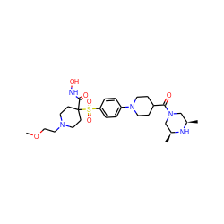 COCCN1CCC(C(=O)NO)(S(=O)(=O)c2ccc(N3CCC(C(=O)N4C[C@H](C)N[C@H](C)C4)CC3)cc2)CC1 ZINC000049777085