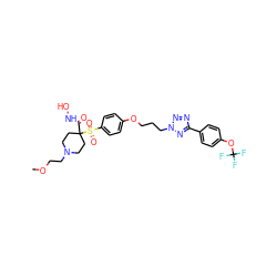 COCCN1CCC(C(=O)NO)(S(=O)(=O)c2ccc(OCCCn3nnc(-c4ccc(OC(F)(F)F)cc4)n3)cc2)CC1 ZINC000071341734