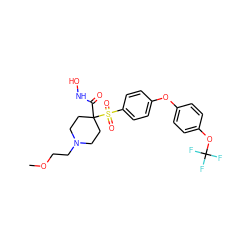 COCCN1CCC(C(=O)NO)(S(=O)(=O)c2ccc(Oc3ccc(OC(F)(F)F)cc3)cc2)CC1 ZINC000034016163