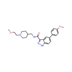 COCCN1CCC(CNC(=O)c2n[nH]c3ccc(-c4ccc(OC)cc4)cc23)CC1 ZINC000221887914