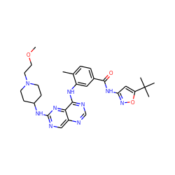 COCCN1CCC(Nc2ncc3ncnc(Nc4cc(C(=O)Nc5cc(C(C)(C)C)on5)ccc4C)c3n2)CC1 ZINC000148372739