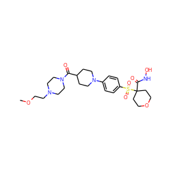 COCCN1CCN(C(=O)C2CCN(c3ccc(S(=O)(=O)C4(C(=O)NO)CCOCC4)cc3)CC2)CC1 ZINC000049777195