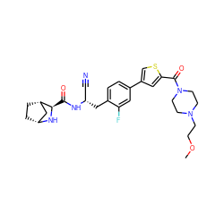 COCCN1CCN(C(=O)c2cc(-c3ccc(C[C@@H](C#N)NC(=O)[C@H]4N[C@@H]5CC[C@H]4C5)c(F)c3)cs2)CC1 ZINC000219301259