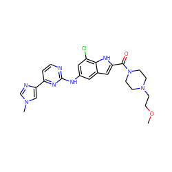 COCCN1CCN(C(=O)c2cc3cc(Nc4nccc(-c5cn(C)cn5)n4)cc(Cl)c3[nH]2)CC1 ZINC000222324102