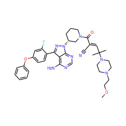 COCCN1CCN(C(C)(C)/C=C(\C#N)C(=O)N2CCC[C@@H](n3nc(-c4ccc(Oc5ccccc5)cc4F)c4c(N)ncnc43)C2)CC1 ZINC000223572855