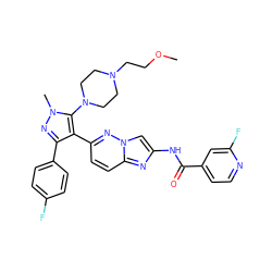 COCCN1CCN(c2c(-c3ccc4nc(NC(=O)c5ccnc(F)c5)cn4n3)c(-c3ccc(F)cc3)nn2C)CC1 ZINC000220902991