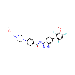 COCCN1CCN(c2ccc(C(=O)Nc3n[nH]c4cc(-c5c(F)cc(F)c(OC)c5F)ccc34)cc2)CC1 ZINC001772650685