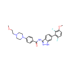 COCCN1CCN(c2ccc(C(=O)Nc3n[nH]c4cc(-c5c(F)ccc(OC)c5F)ccc34)cc2)CC1 ZINC001772650897