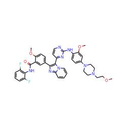 COCCN1CCN(c2ccc(Nc3nccc(-c4c(-c5ccc(OC)c(C(=O)Nc6c(F)cccc6F)c5)nc5ccccn45)n3)c(OC)c2)CC1 ZINC000165116619