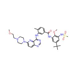 COCCN1CCN(c2ccc3ncnc(Nc4cc(C(=O)Nc5cc(C(C)(C)C)cc(NS(C)(=O)=O)c5OC)ccc4C)c3n2)CC1 ZINC000096175731
