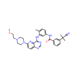 COCCN1CCN(c2ccc3ncnc(Nc4cc(NC(=O)c5cccc(C(C)(C)C#N)c5)ccc4C)c3n2)CC1 ZINC000142554066
