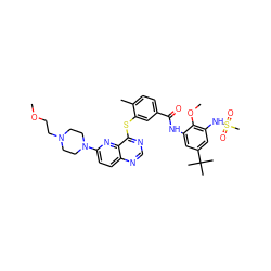 COCCN1CCN(c2ccc3ncnc(Sc4cc(C(=O)Nc5cc(C(C)(C)C)cc(NS(C)(=O)=O)c5OC)ccc4C)c3n2)CC1 ZINC000096175775
