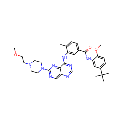 COCCN1CCN(c2ncc3ncnc(Nc4cc(C(=O)Nc5cc(C(C)(C)C)ccc5OC)ccc4C)c3n2)CC1 ZINC000148290672